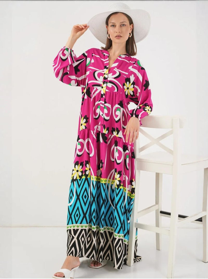 Vestido maxi com padrão e decote em v bdart Rosa-fúcsia - Kiabi