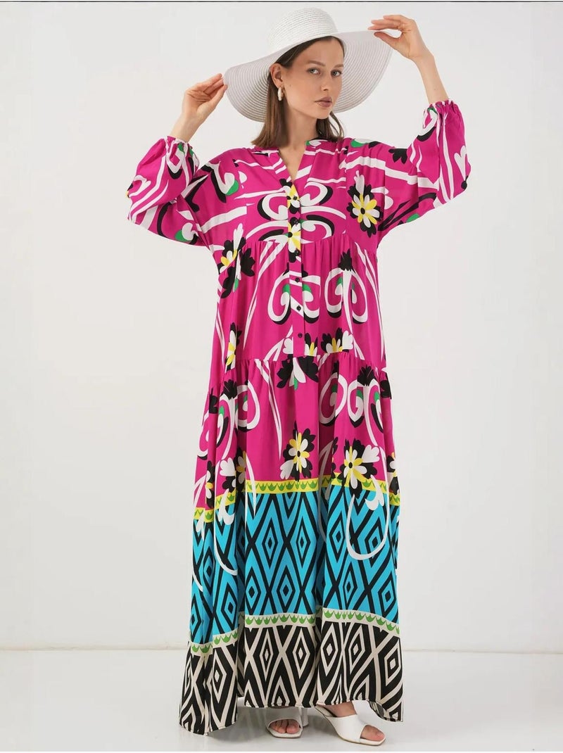 Vestido maxi com padrão e decote em v bdart Rosa-fúcsia - Kiabi