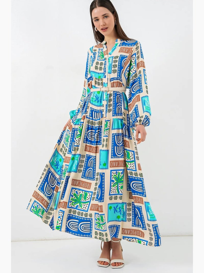 Vestido maxi com padrão e decote em v bdart Verde cáqui claro - Kiabi