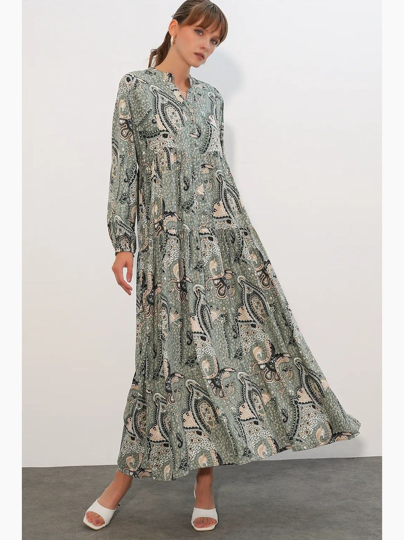 Vestido maxi com padrão e decote em v bdart Verde/Areia - Kiabi