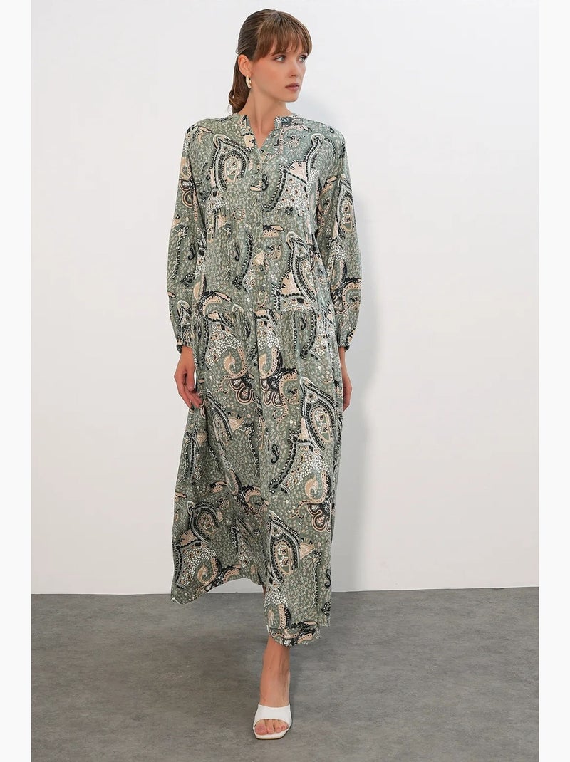 Vestido maxi com padrão e decote em v bdart Verde/Areia - Kiabi