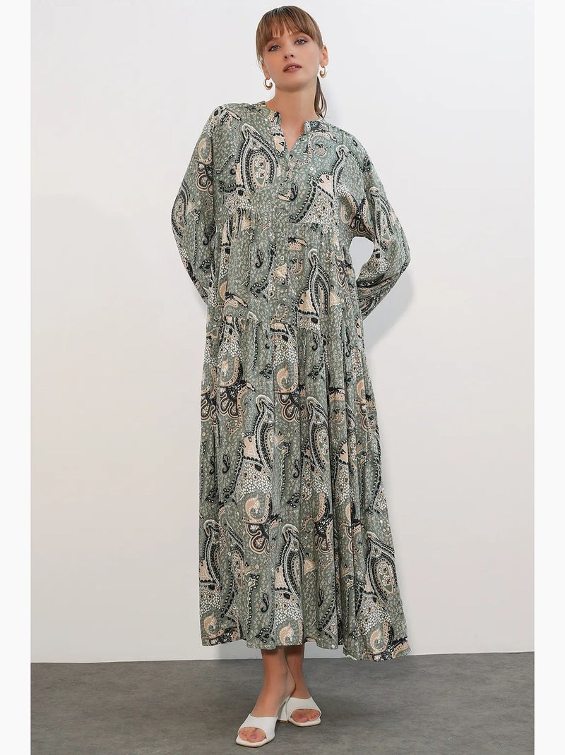 Vestido maxi com padrão e decote em v bdart Verde/Areia - Kiabi