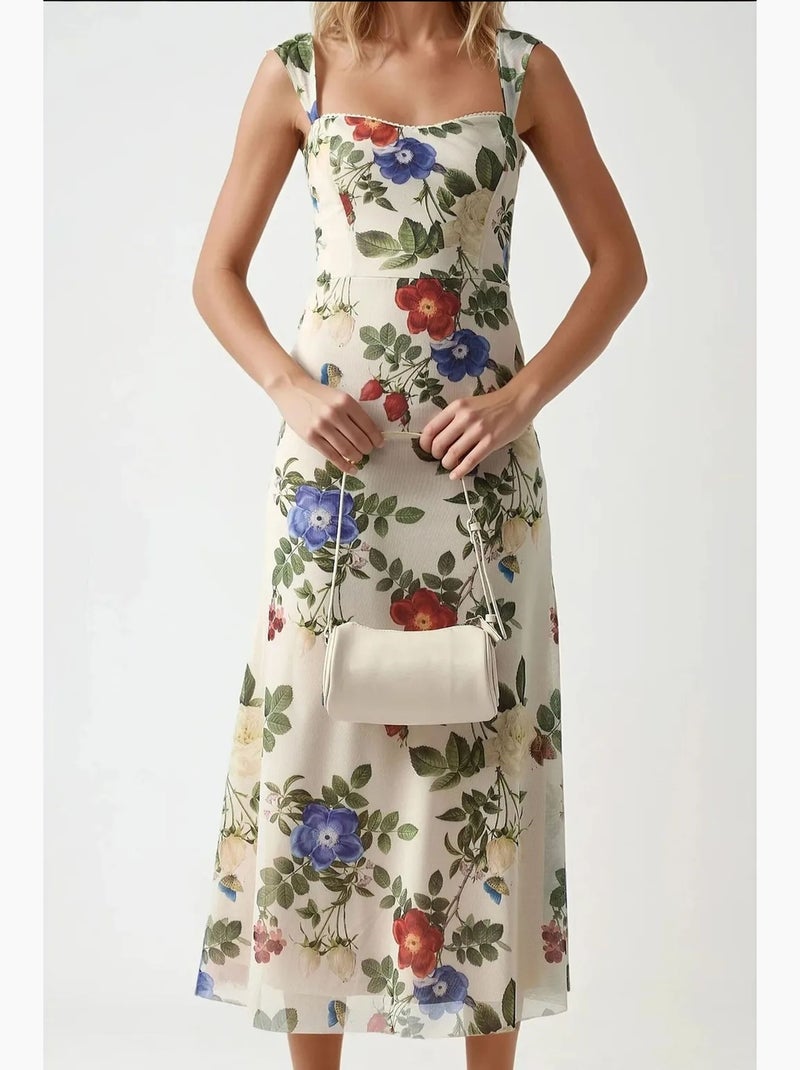 Vestido maxi com padrão e gola em coração hiccup Bege - Kiabi