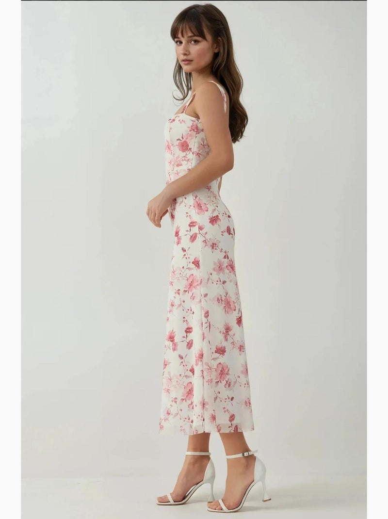 Vestido maxi com padrão e gola em coração hiccup Branco Rosa - Kiabi