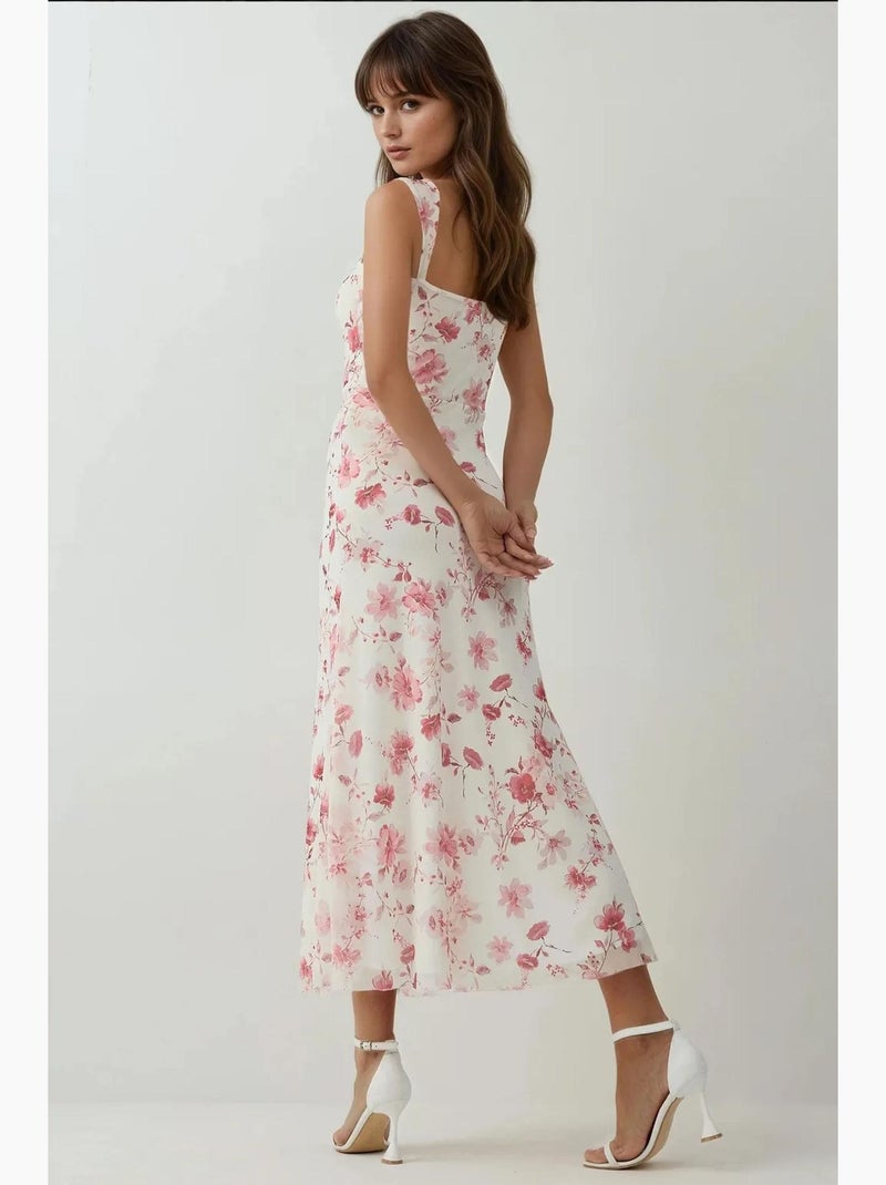 Vestido maxi com padrão e gola em coração hiccup Branco Rosa - Kiabi