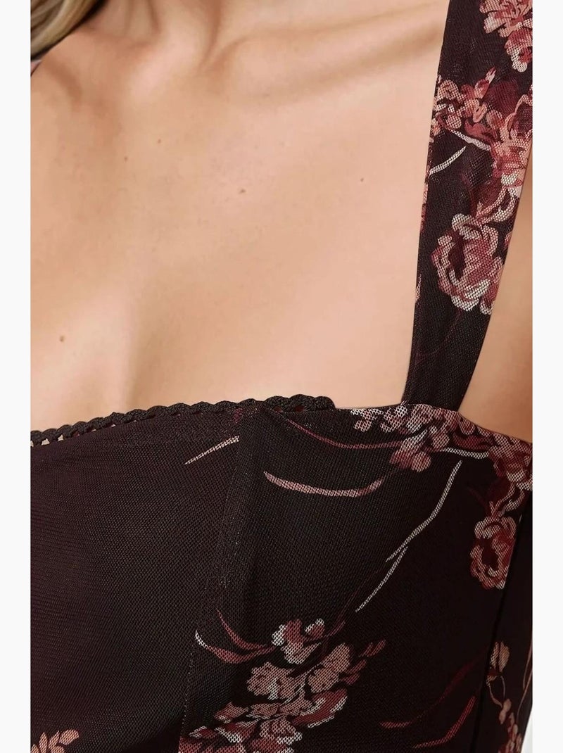 Vestido maxi com padrão e gola em coração hiccup Castanho-escuro - Kiabi