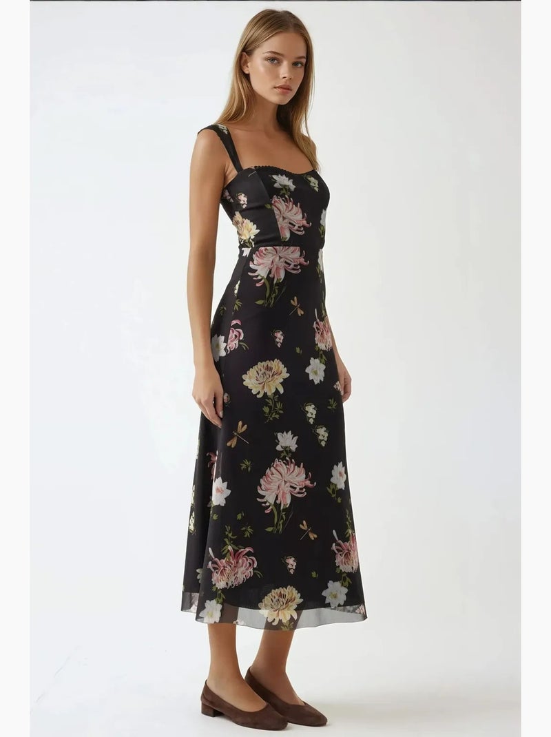 Vestido maxi com padrão e gola em coração hiccup Preto - Kiabi