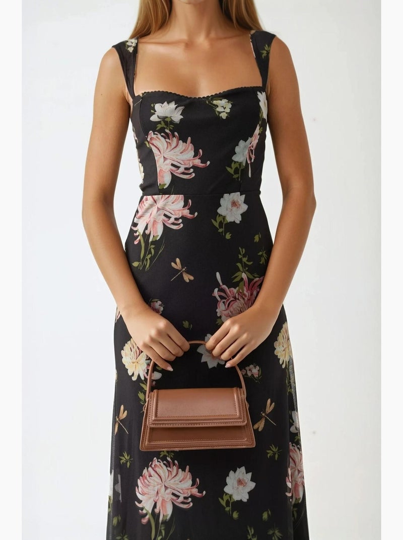 Vestido maxi com padrão e gola em coração hiccup Preto - Kiabi