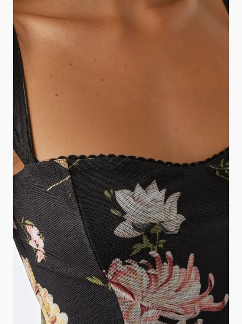 Vestido maxi com padrão e gola em coração hiccup Preto - Kiabi