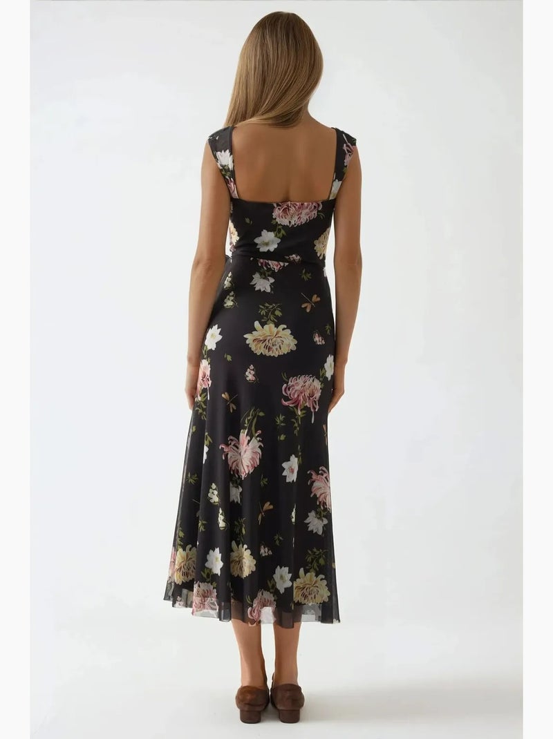 Vestido maxi com padrão e gola em coração hiccup Preto - Kiabi