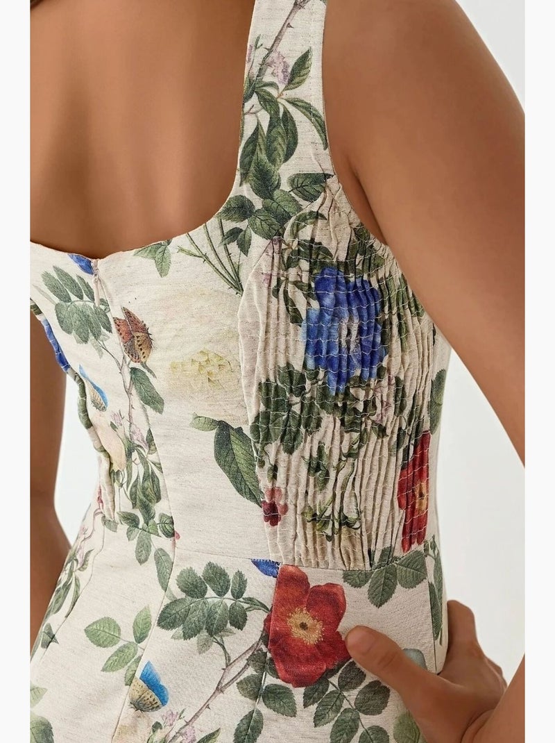 Vestido maxi com toque de linho, estampado floral allover e detalhe elástico nas costas hiccup Creme - Kiabi