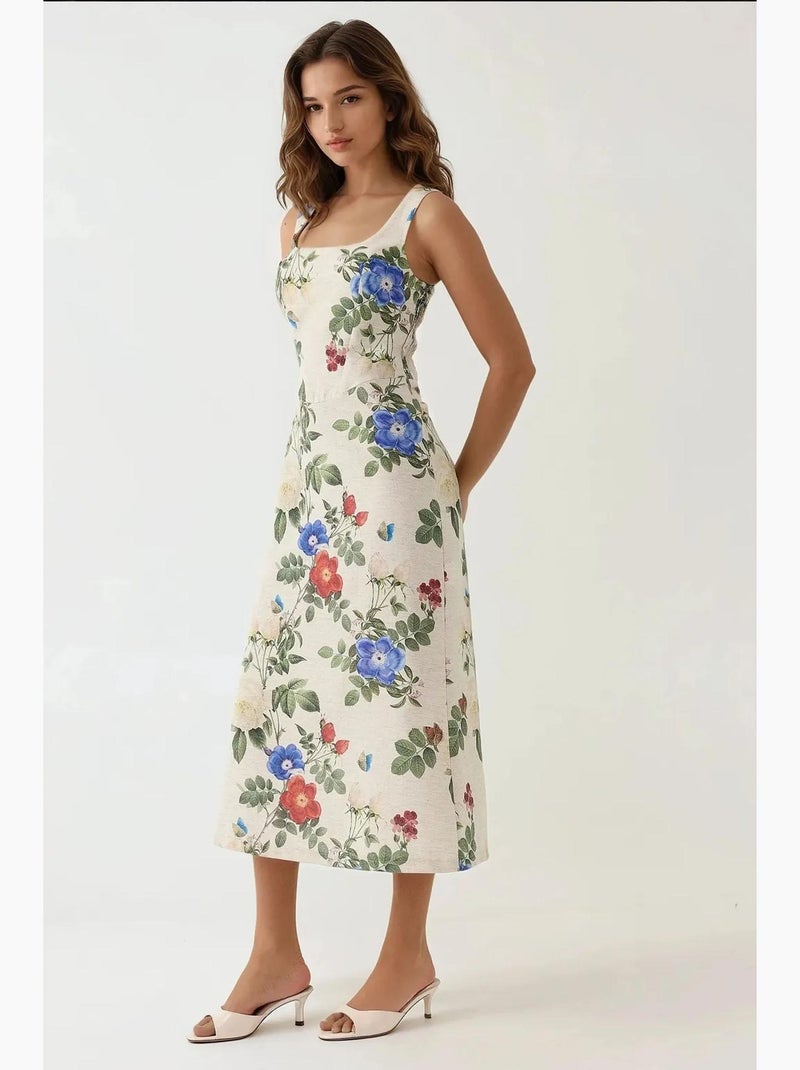 Vestido maxi com toque de linho, estampado floral allover e detalhe elástico nas costas hiccup Creme - Kiabi