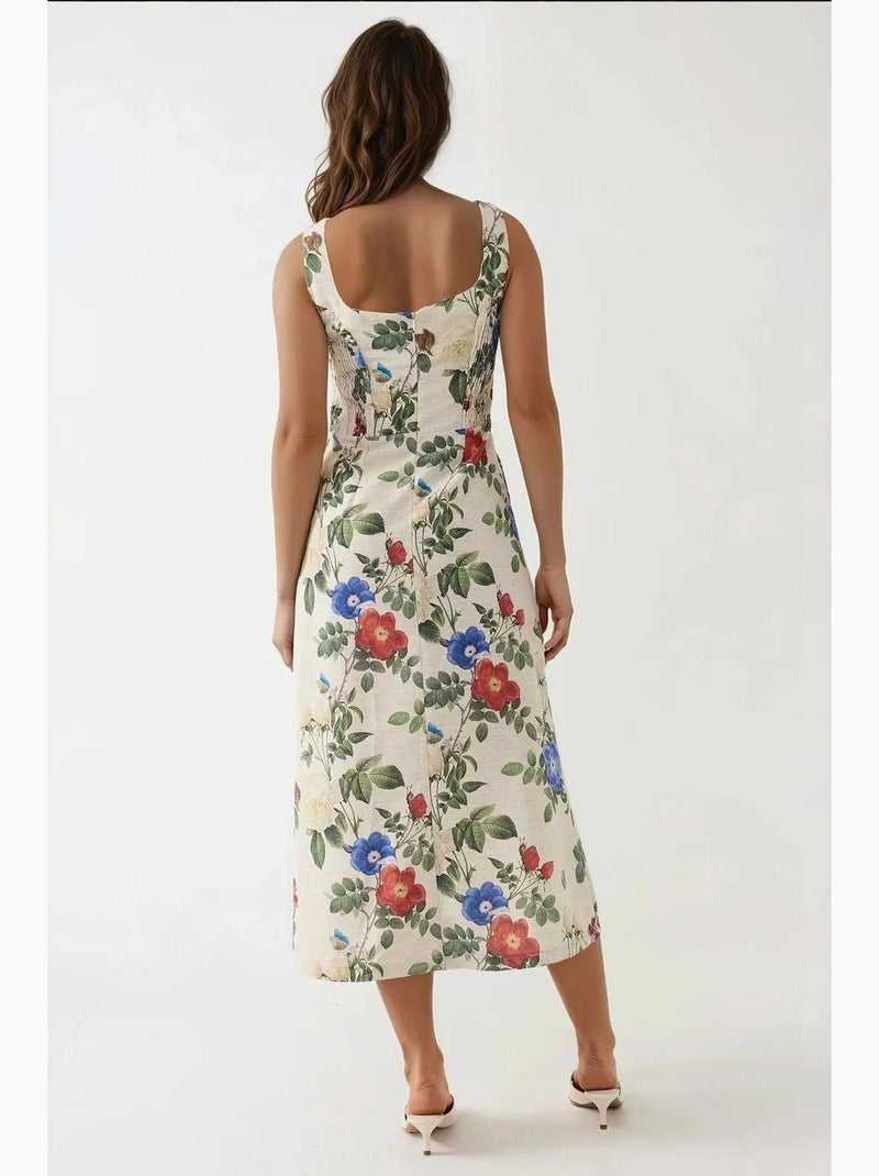 Vestido maxi com toque de linho, estampado floral allover e detalhe elástico nas costas hiccup Creme - Kiabi