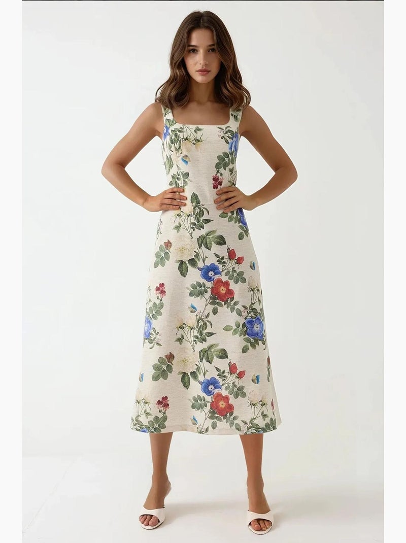 Vestido maxi com toque de linho, estampado floral allover e detalhe elástico nas costas hiccup Creme - Kiabi