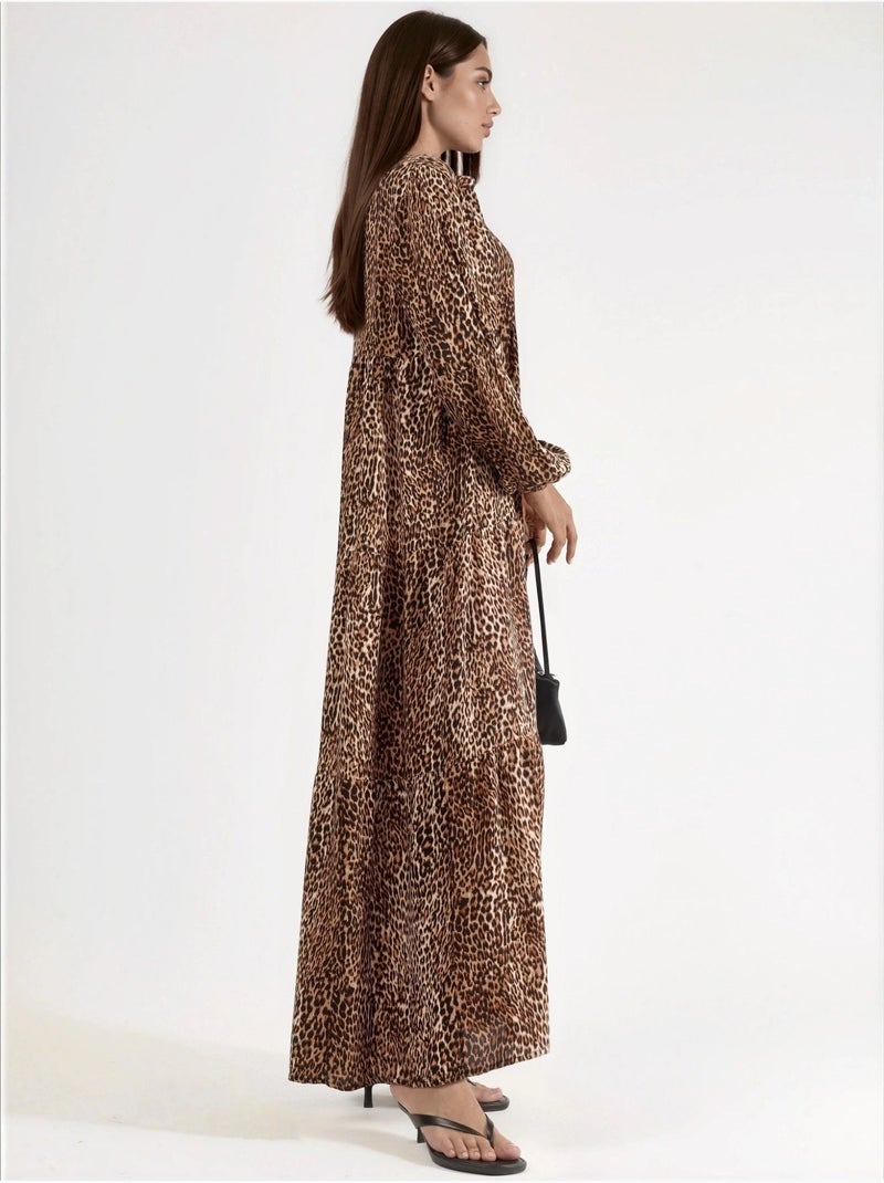 Vestido maxi comfort fit com estampado de leopardo hiccup Camelo - Kiabi