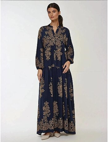Vestido maxi comprido de viscose estampada com manga comprida hiccup