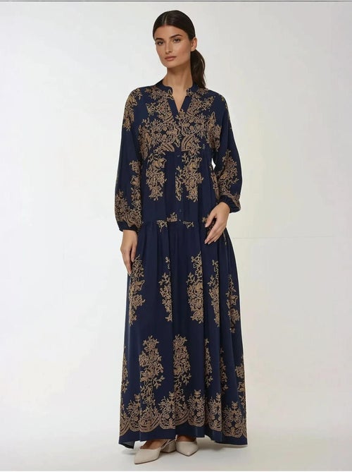 Vestido maxi comprido de viscose estampada com manga comprida hiccup - Kiabi Vestido maxi comprido de viscose estampada com manga comprida hiccup - Kiabi