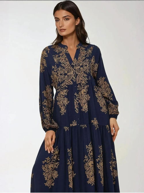 Vestido maxi comprido de viscose estampada com manga comprida hiccup - Kiabi Vestido maxi comprido de viscose estampada com manga comprida hiccup - Kiabi