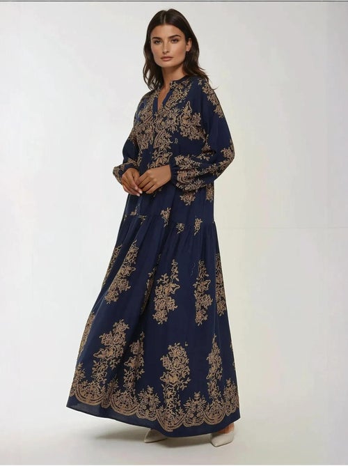 Vestido maxi comprido de viscose estampada com manga comprida hiccup - Kiabi Vestido maxi comprido de viscose estampada com manga comprida hiccup - Kiabi