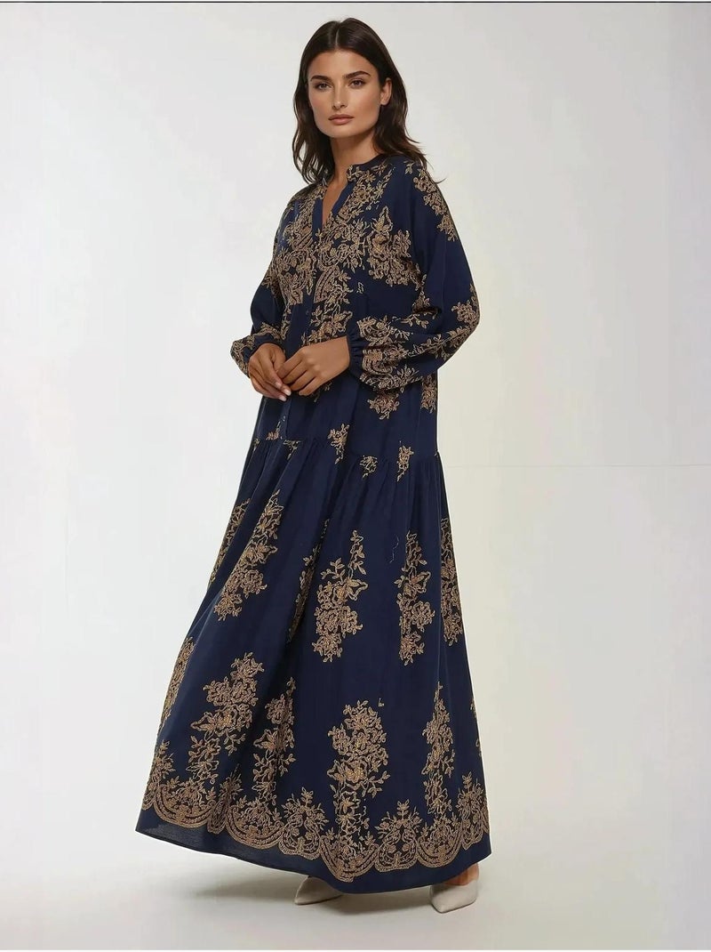 Vestido maxi comprido de viscose estampada com manga comprida hiccup Azul-marinho - Kiabi