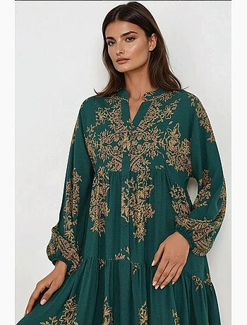 Vestido maxi comprido de viscose estampada com manga comprida hiccup