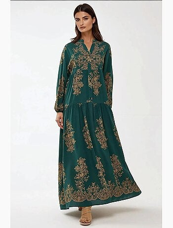Vestido maxi comprido de viscose estampada com manga comprida hiccup