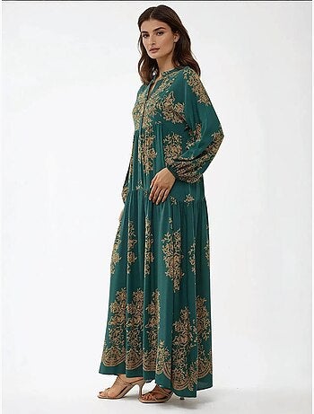Vestido maxi comprido de viscose estampada com manga comprida hiccup