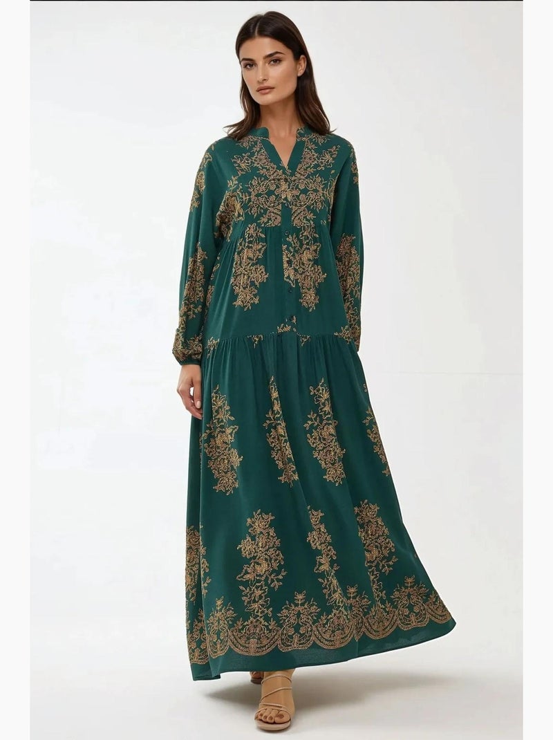 Vestido maxi comprido de viscose estampada com manga comprida hiccup Verde escuro - Kiabi