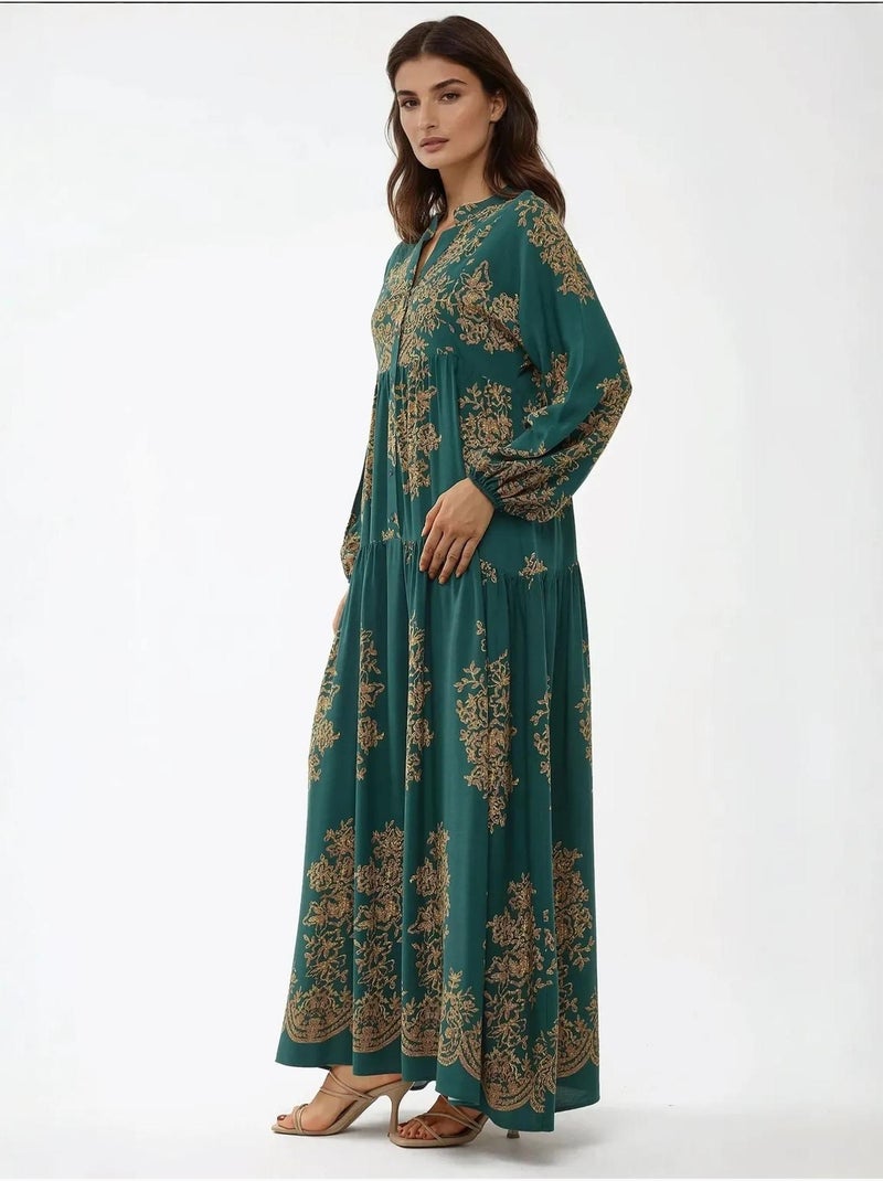 Vestido maxi comprido de viscose estampada com manga comprida hiccup Verde escuro - Kiabi