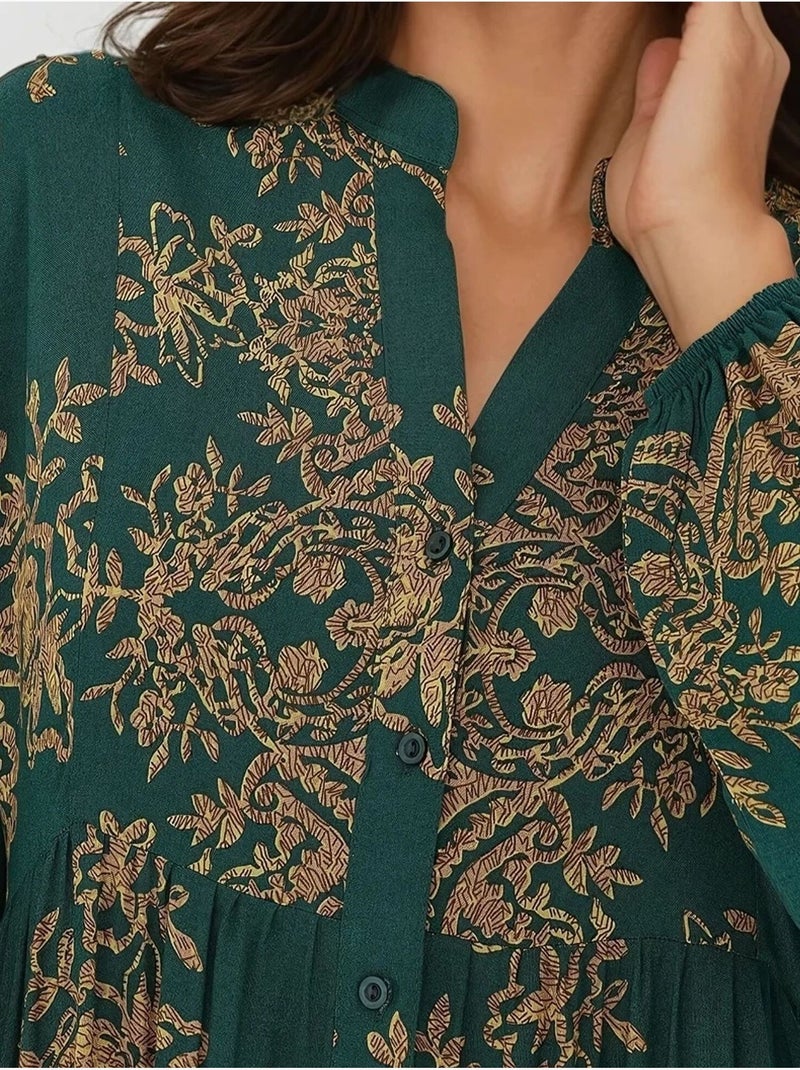 Vestido maxi comprido de viscose estampada com manga comprida hiccup Verde escuro - Kiabi