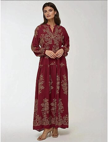 Vestido maxi comprido de viscose estampada com manga comprida hiccup