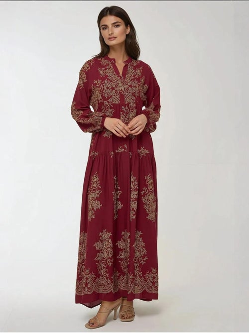 Vestido maxi comprido de viscose estampada com manga comprida hiccup - Kiabi Vestido maxi comprido de viscose estampada com manga comprida hiccup - Kiabi