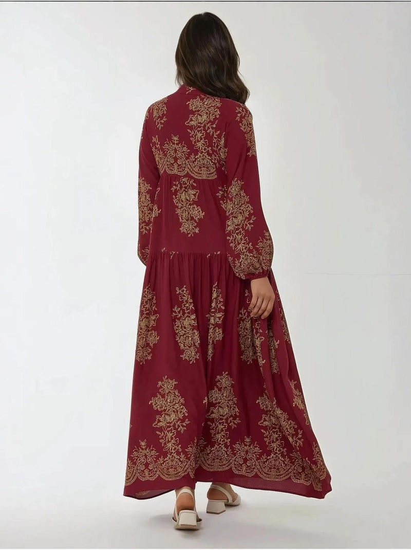 Vestido maxi comprido de viscose estampada com manga comprida hiccup Vermelho - Kiabi