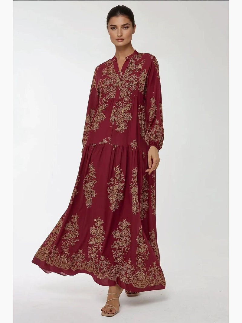 Vestido maxi comprido de viscose estampada com manga comprida hiccup Vermelho - Kiabi