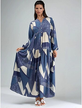 Vestido maxi comprido em viscose estampada com manga comprida hiccup