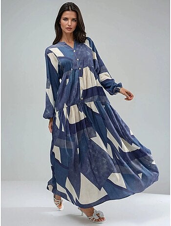 Vestido maxi comprido em viscose estampada com manga comprida hiccup