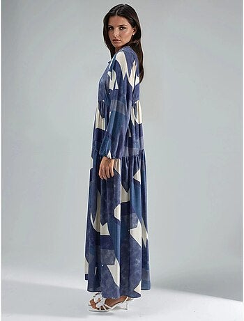 Vestido maxi comprido em viscose estampada com manga comprida hiccup
