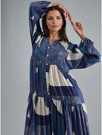 Vestido maxi comprido em viscose estampada com manga comprida hiccup