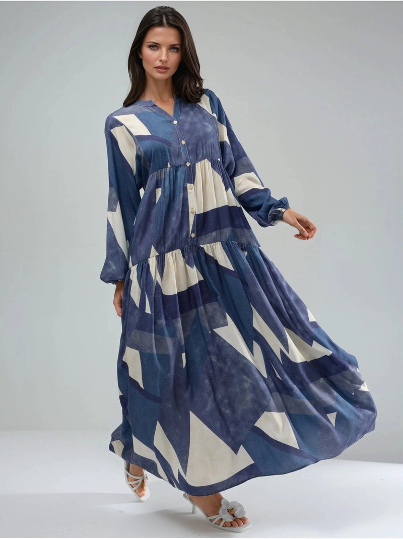 Vestido maxi comprido em viscose estampada com manga comprida hiccup Azul-marinho - Kiabi