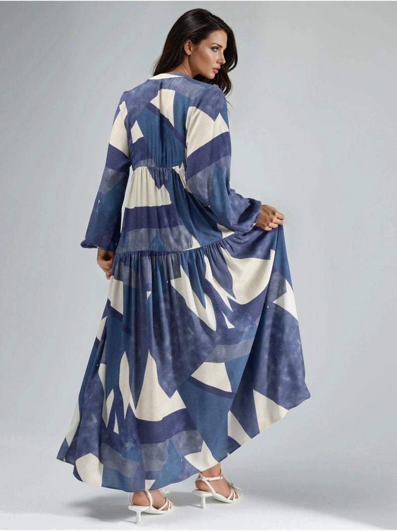 Vestido maxi comprido em viscose estampada com manga comprida hiccup Azul-marinho - Kiabi
