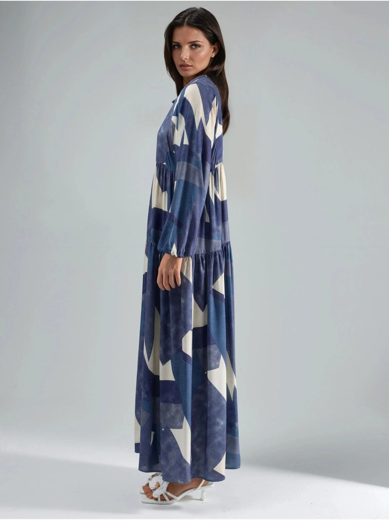 Vestido maxi comprido em viscose estampada com manga comprida hiccup Azul-marinho - Kiabi
