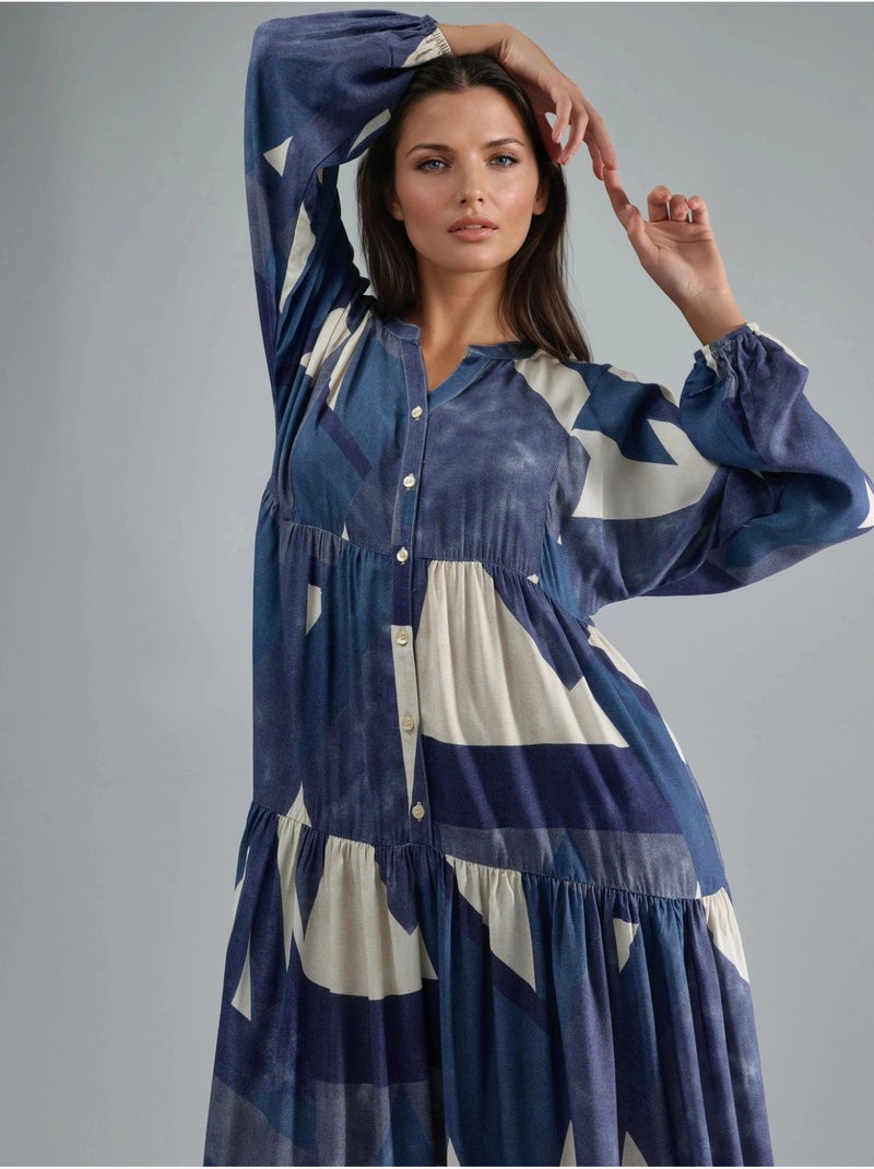 Vestido maxi comprido em viscose estampada com manga comprida hiccup Azul-marinho - Kiabi