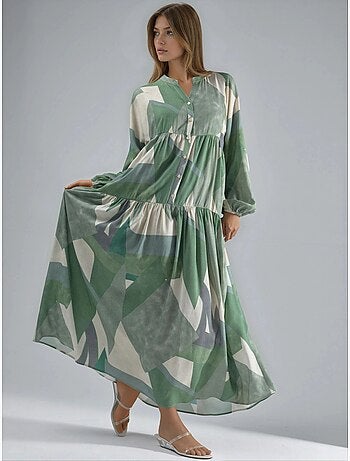 Vestido maxi comprido em viscose estampada com manga comprida hiccup