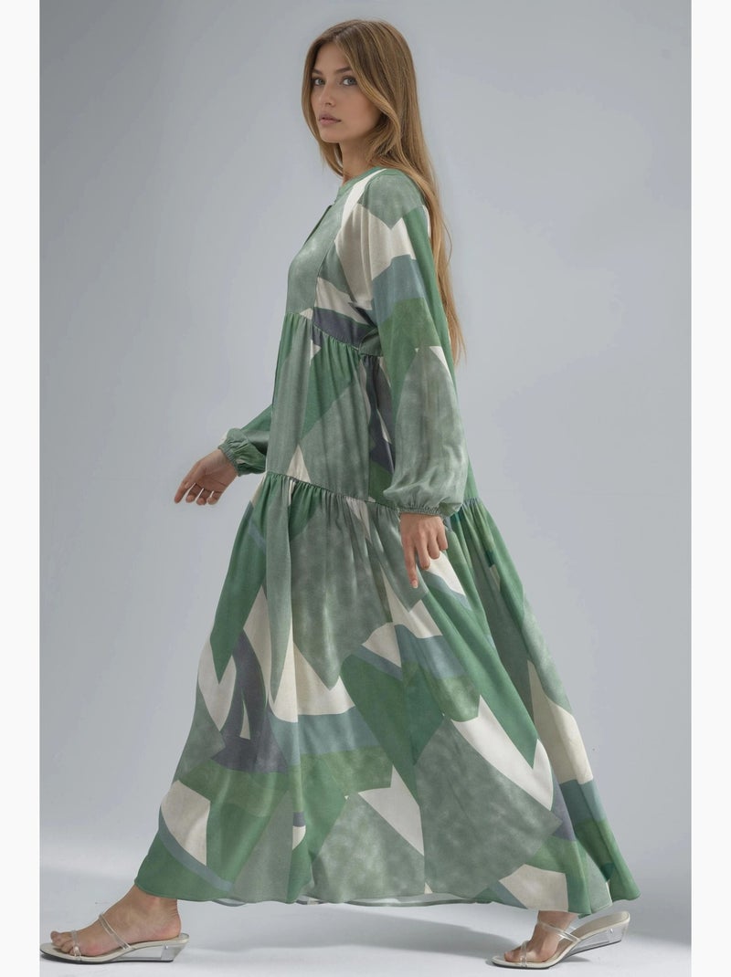 Vestido maxi comprido em viscose estampada com manga comprida hiccup Verde pastel - Kiabi