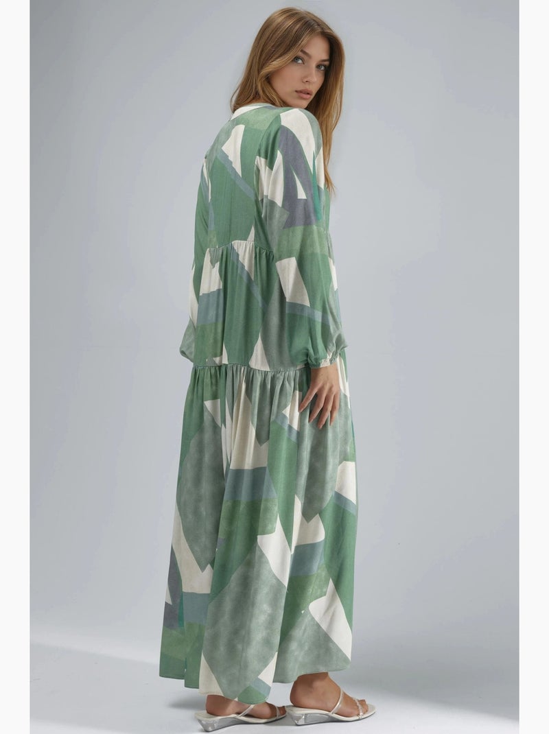 Vestido maxi comprido em viscose estampada com manga comprida hiccup Verde pastel - Kiabi