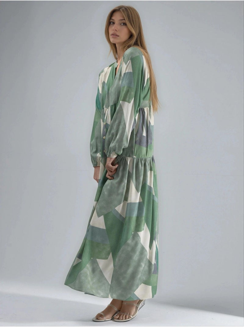 Vestido maxi comprido em viscose estampada com manga comprida hiccup Verde pastel - Kiabi