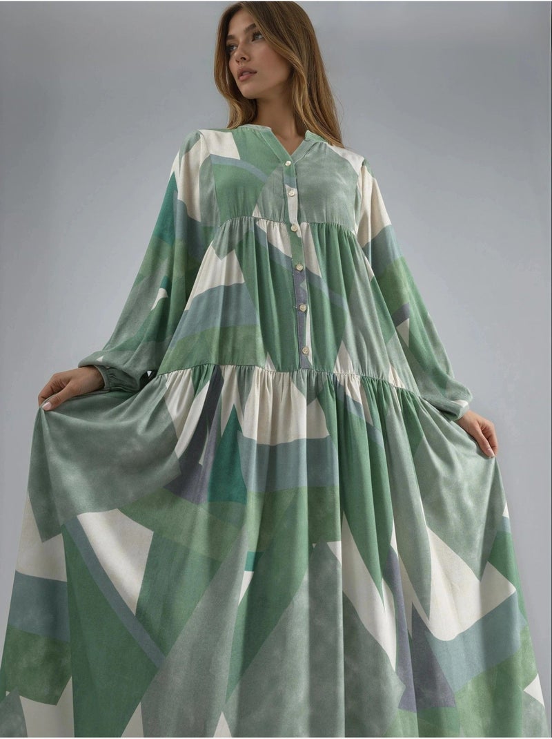 Vestido maxi comprido em viscose estampada com manga comprida hiccup Verde pastel - Kiabi
