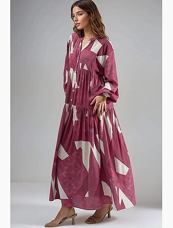 Vestido maxi comprido em viscose estampada com manga comprida hiccup