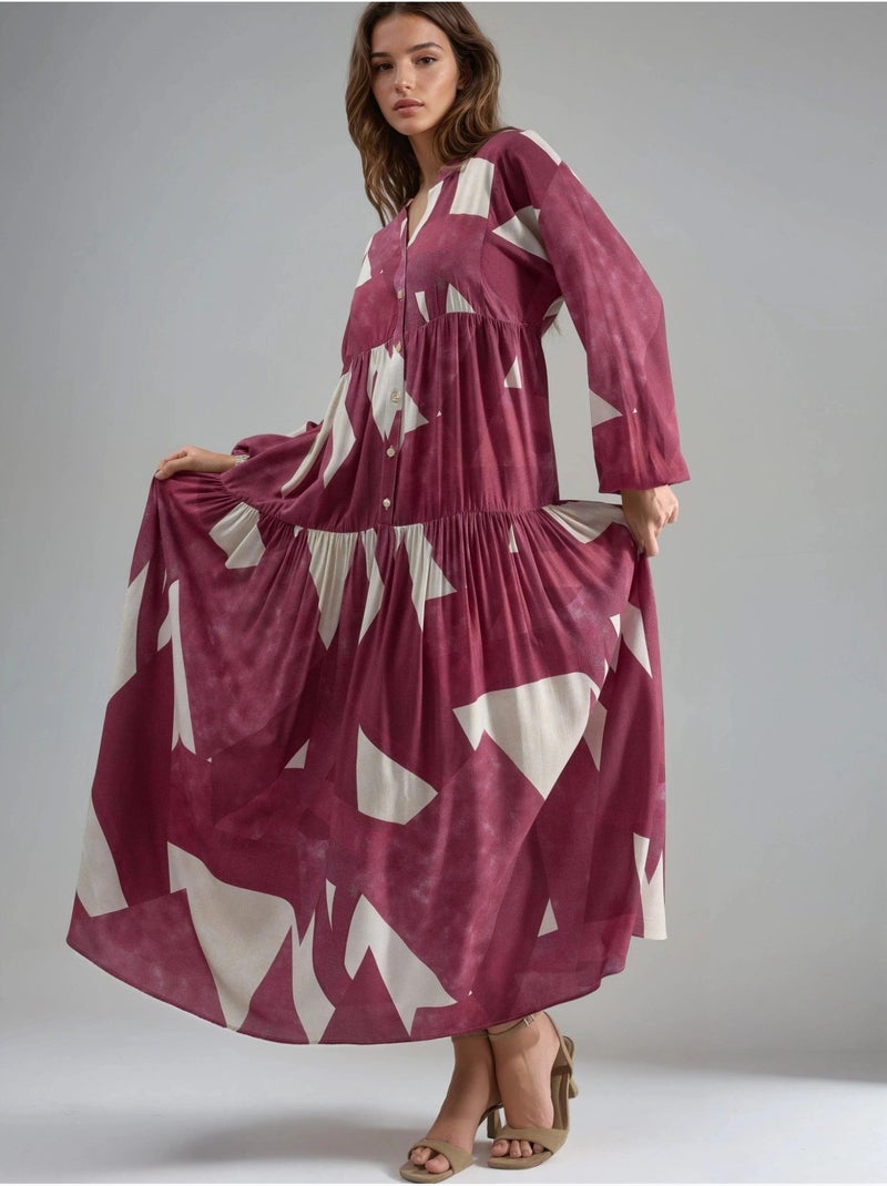 Vestido maxi comprido em viscose estampada com manga comprida hiccup Vermelho - Kiabi