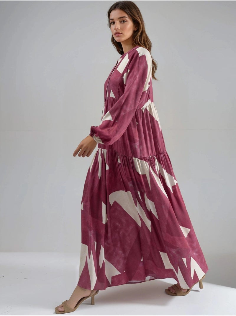 Vestido maxi comprido em viscose estampada com manga comprida hiccup Vermelho - Kiabi